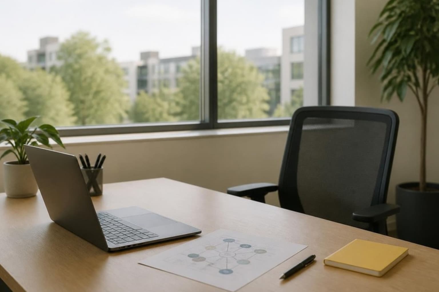 A tidy desk with a laptop, a printed network diagram and a notebook