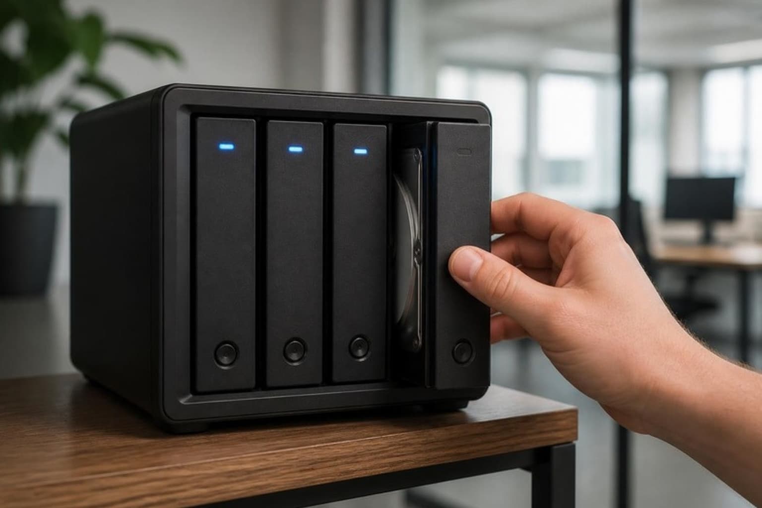 A drive tray sliding out of a four-bay network storage device