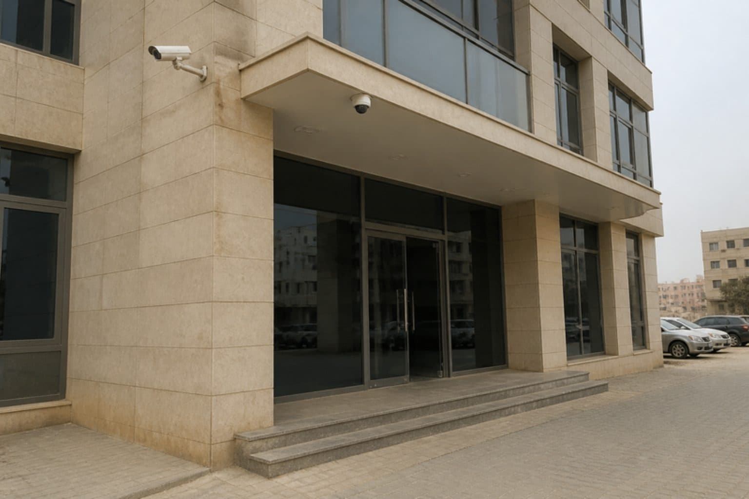 Security cameras at an office building entrance: one on a bracket at the corner, one under the canopy