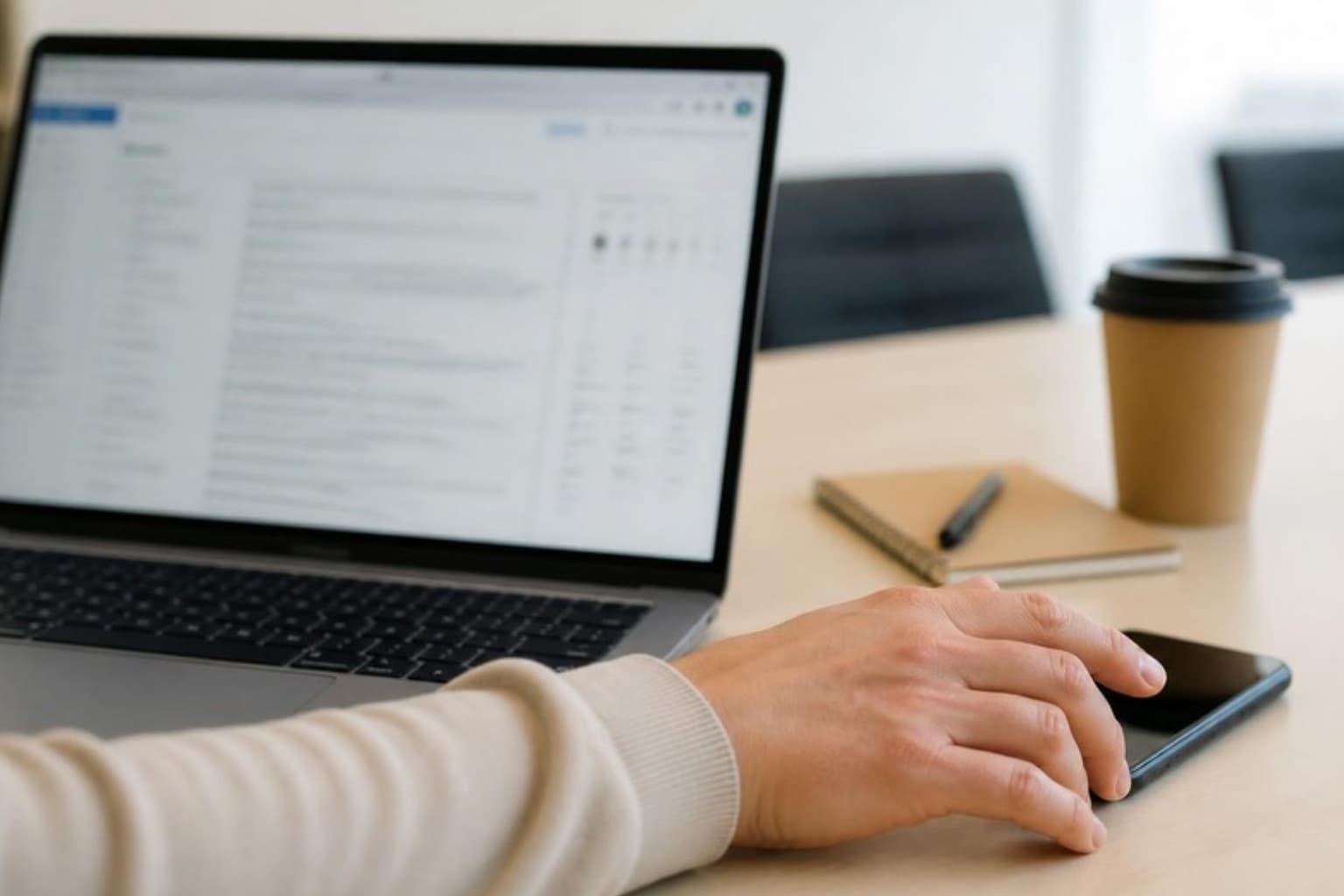 A laptop showing an email inbox and a phone on a meeting table