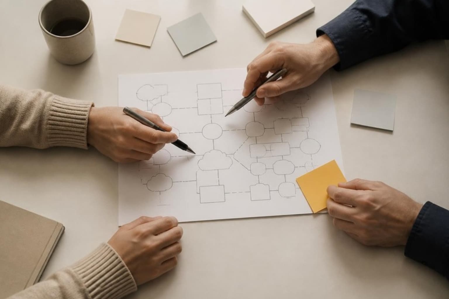 Two people reviewing a printed network diagram at a table