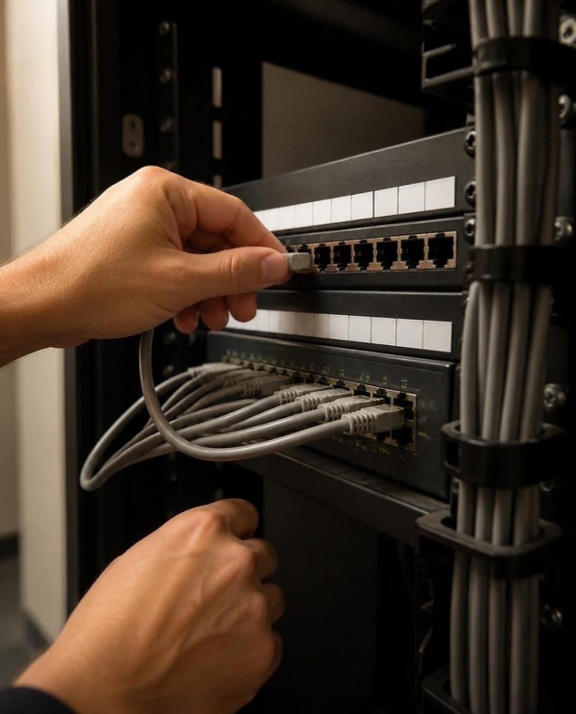 An engineer's hands plugging a patch cable into a patch panel above a network switch