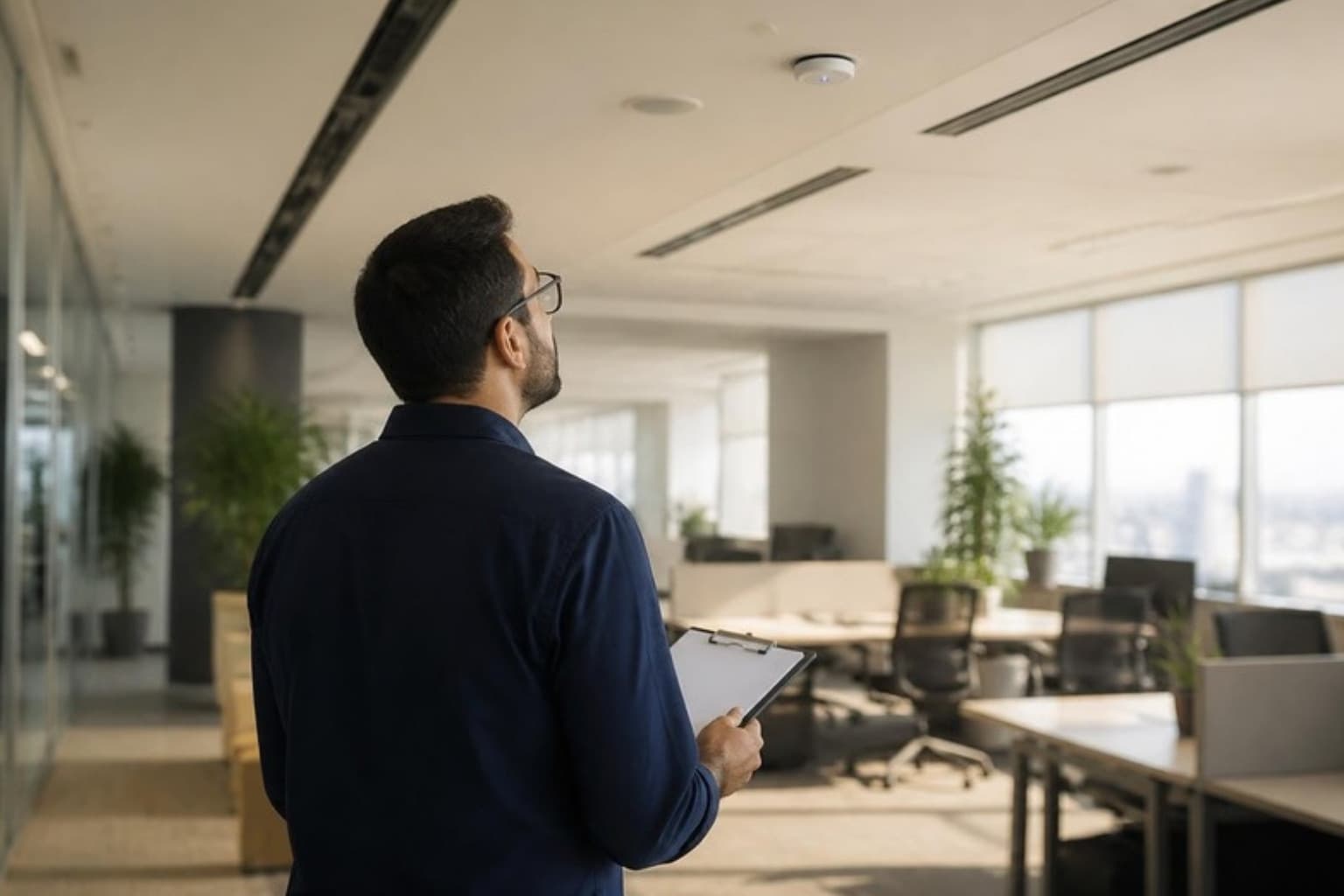 An engineer with a clipboard walking through an office during a site assessment