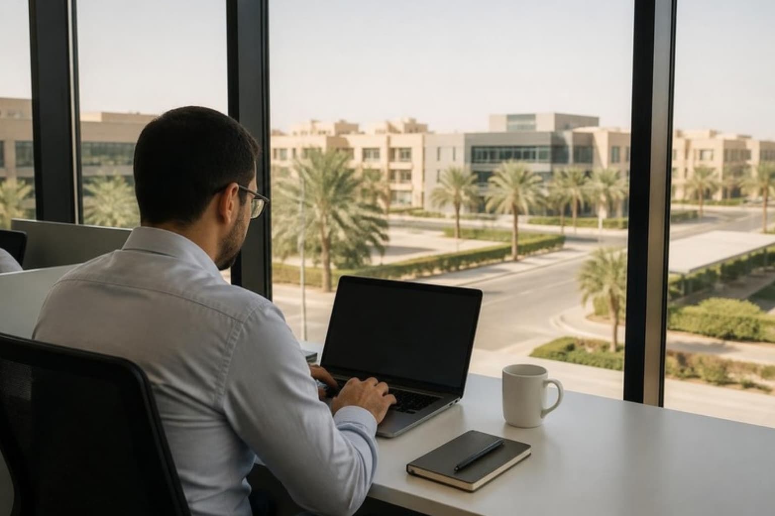 An engineer working at a laptop in an office overlooking a business park