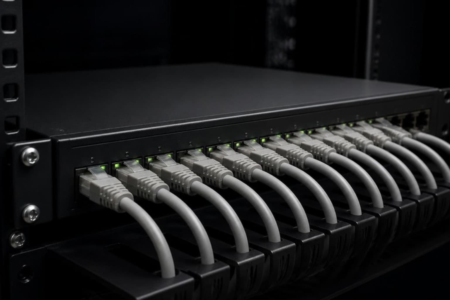 Patch cables plugged into a network switch and routed through a cable manager