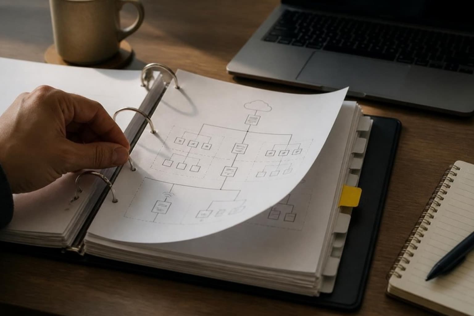 A binder of network documentation open next to a laptop