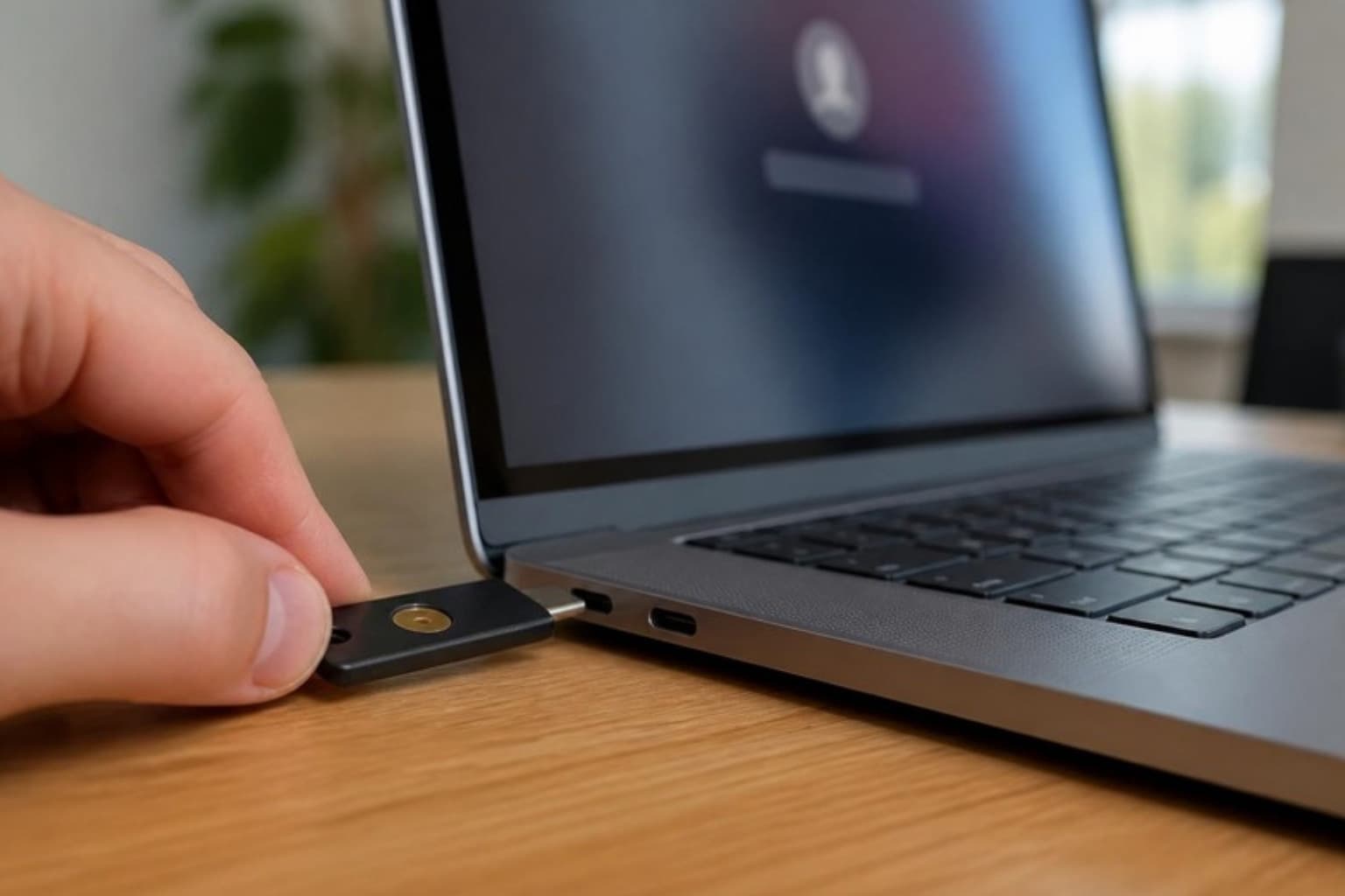 A hardware security key being plugged into the side of a laptop