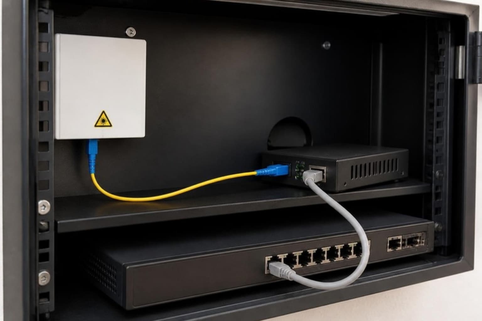 A fiber line connected through a media converter to a business router in a network cabinet