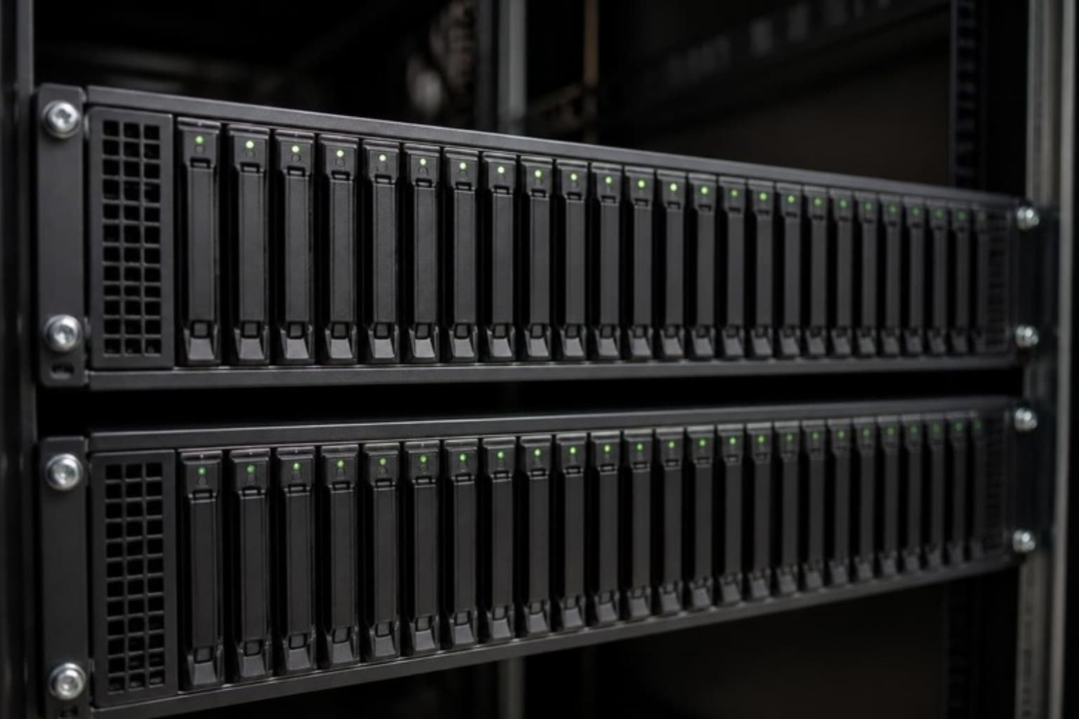 Two rack servers, each with a row of drive bays, mounted in a server rack